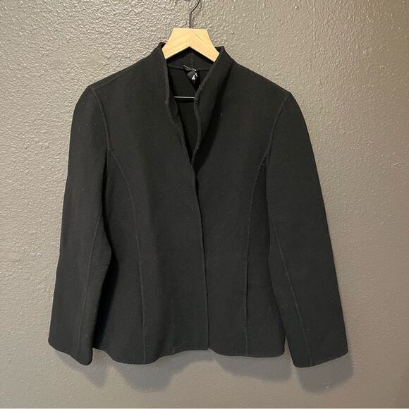 Eileen Fisher Black Stand Collar Open Front Wool/Cashmere Blend Jacket Small - Picture 1 of 12
